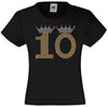 NUMBER 10 IN GOLD COLOUR WITH TIARA GIRLS T SHIRT, RHINESTONE EMBELLISHED BIRTHDAY T SHIRT, ELEGANT GIFT FOR THEIR BIG DAY